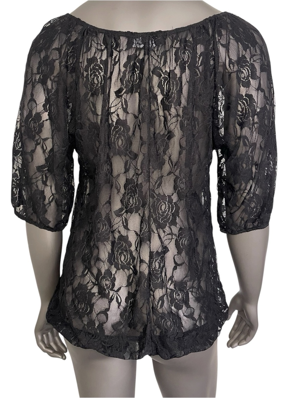 French Atmosphere Lace Top L Black Elastic Waist Sheer Puff Sleeve Peasant Sexy - Picture 2 of 13